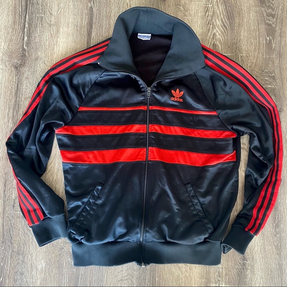 adidas Other - Adidas Vintage 80s Shiny Black & Red Track Jacket